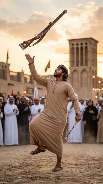 شاب إماراتي يؤدي رقصة اليولة التراثية في الإمارات