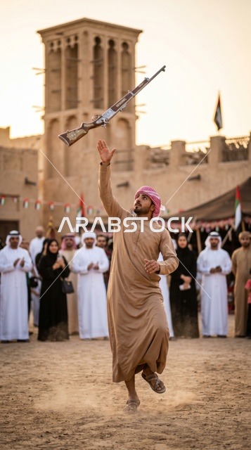 شاب إماراتي يؤدي رقصة اليولة في احتفال تراثي