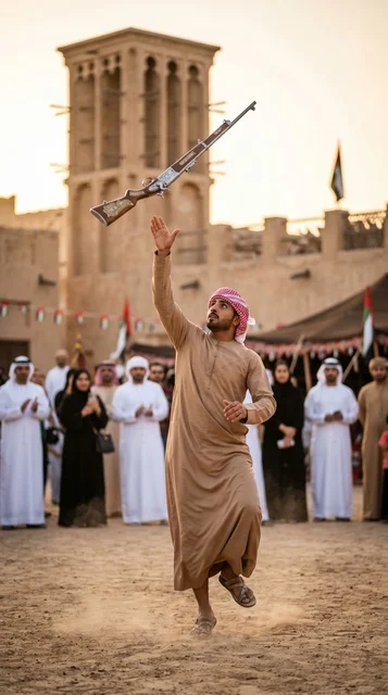 Emirati Man Performing Yowlah Dance in UAE Heritage Site