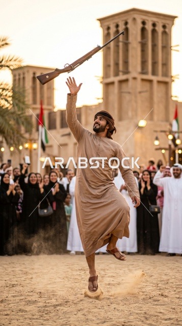 شاب إماراتي يؤدي رقصة اليولة التراثية في الإمارات