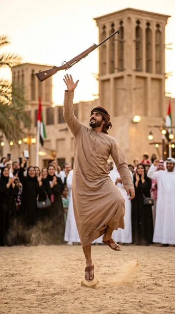 شاب إماراتي يؤدي رقصة اليولة التراثية في الإمارات