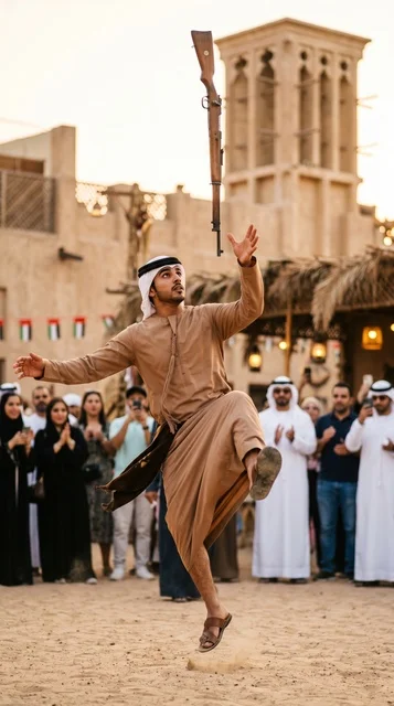Emirati Man Performing Traditional Yowlah Dance with Rifle