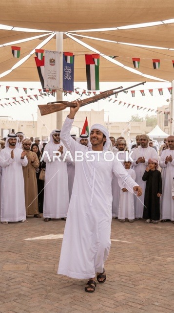 شاب إماراتي يؤدي رقصة اليولة في احتفالات العيد