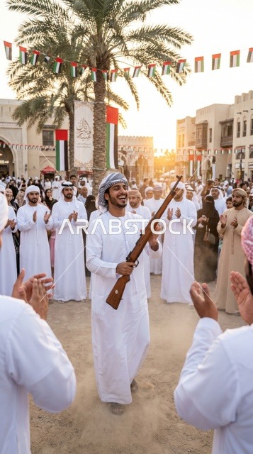 شاب إماراتي يؤدي رقصة اليولة في احتفالات الإمارات