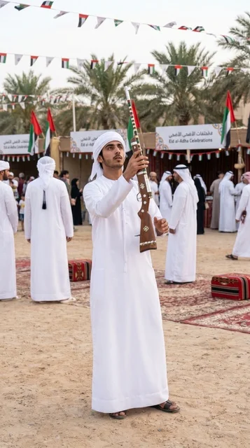 شاب إماراتي يؤدي رقصة اليولة التراثية في احتفالات العيد