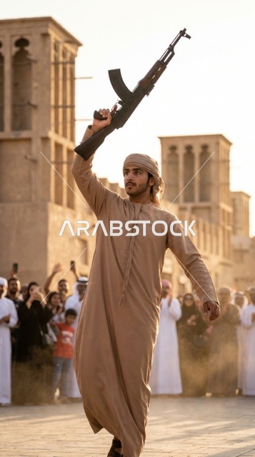 شاب إماراتي يؤدي رقصة اليولة التراثية بالسلاح في الإمارات