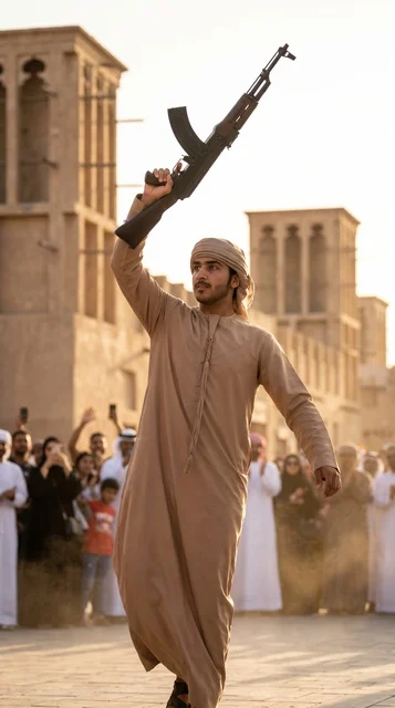 Emirati Man Performing Yowla Dance with Rifle in UAE