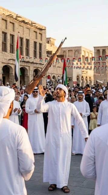 شاب إماراتي يؤدي رقصة اليولة في احتفالات الإمارات