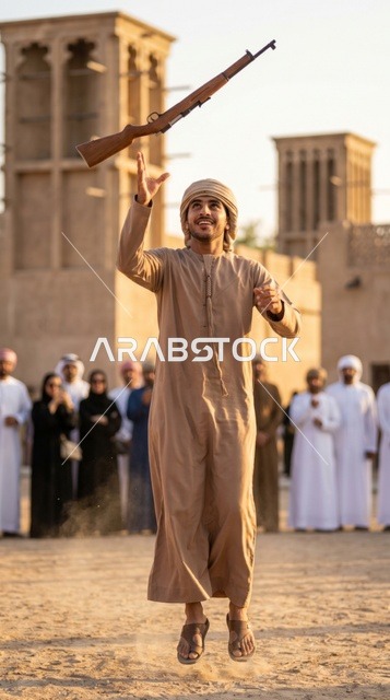 شاب إماراتي يؤدي رقصة اليولة التراثية بسلاح، احتفالات عيد الأضحى والفلكلور الشعبي في الإمارات.