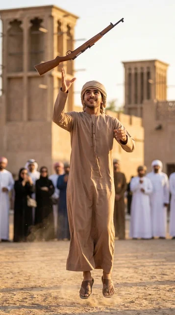 A young Emirati man performs the traditional Yowla dance with a weapon, during Eid al-Adha celebrations and folk traditions in the UAE.