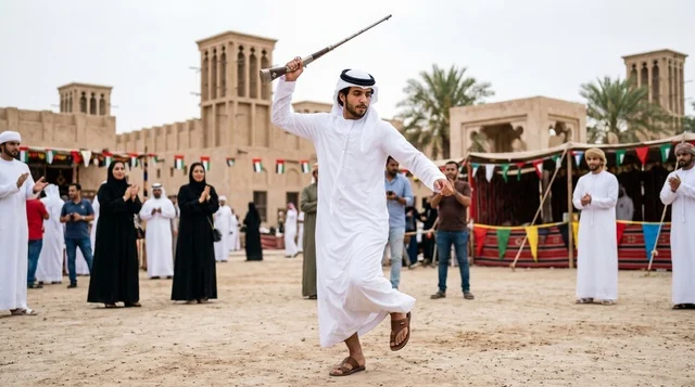 رقصة اليولة الإماراتية في احتفالات العيد بالقرية التراثية