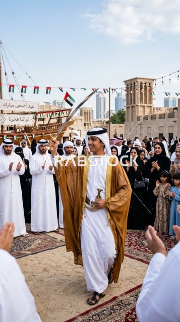 شاب إماراتي يؤدي رقصة اليولة في احتفالات التراث الإماراتي