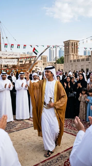 شاب إماراتي يؤدي رقصة اليولة في احتفالات التراث الإماراتي