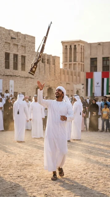 شاب إماراتي يؤدي رقصة اليولة في منطقة تراثية بالإمارات
