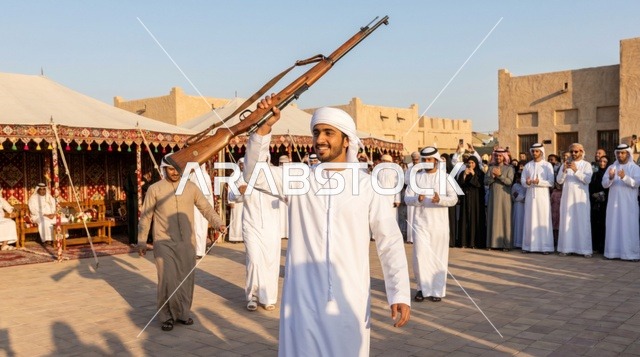 شاب إماراتي يؤدي رقصة اليولة في احتفالات الإمارات
