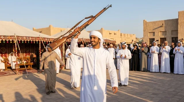 شاب إماراتي يؤدي رقصة اليولة في احتفالات الإمارات