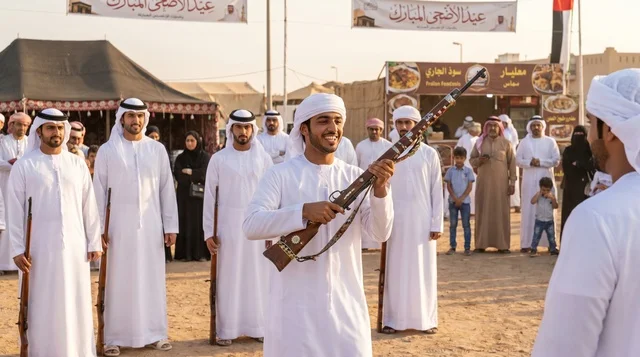 شاب إماراتي يؤدي رقصة اليولة التراثية في الإمارات