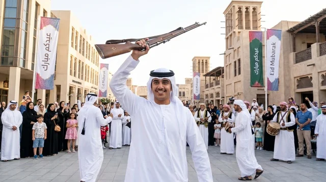 شاب إماراتي يؤدي رقصة اليولة في احتفالات العيد