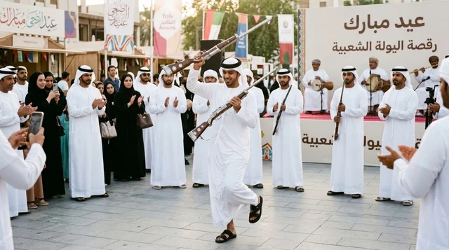 شاب إماراتي يؤدي رقصة اليولة التراثية في الإمارات