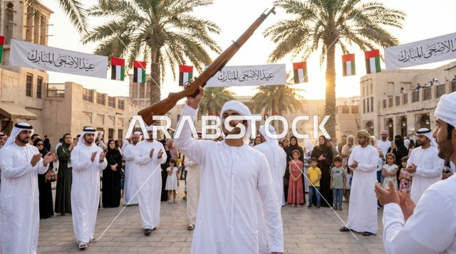 شاب إماراتي يؤدي رقصة اليولة احتفالات عيد الأضحى