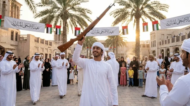 شاب إماراتي يؤدي رقصة اليولة احتفالات عيد الأضحى