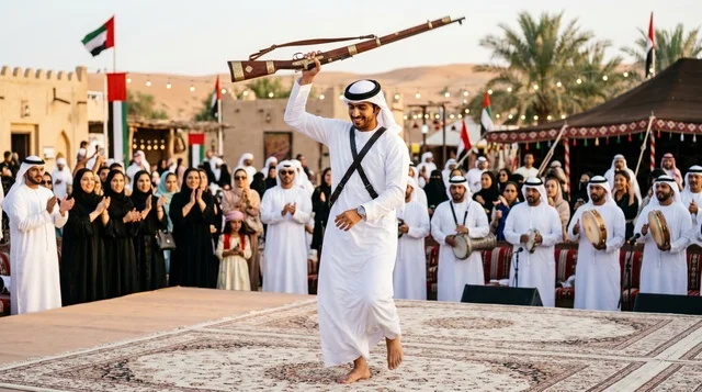 شاب إماراتي يؤدي رقصة اليولة في احتفالات العيد