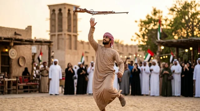 شاب إماراتي يؤدي رقصة اليولة التراثية في الإمارات