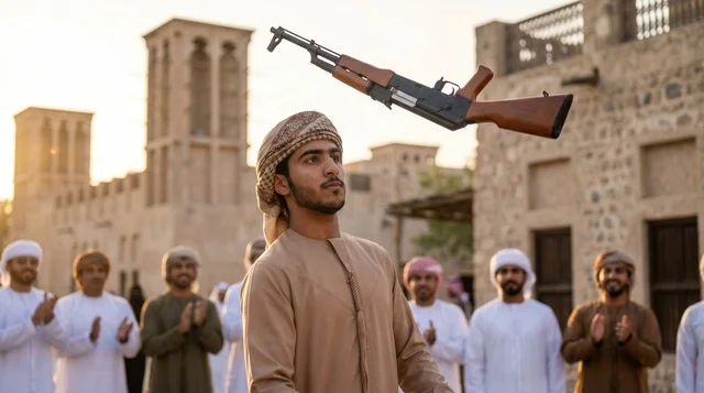 شاب إماراتي يؤدي رقصة اليولة التراثية في الإمارات