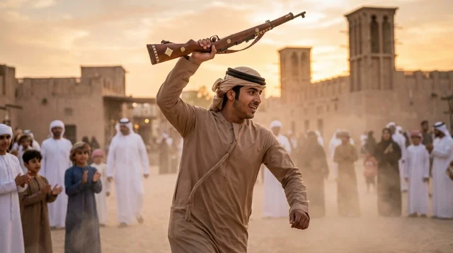 Emirati Man Performing Traditional Yola Dance in UAE