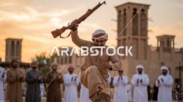 رجل إماراتي يؤدي رقصة اليولة التراثية وقت الغروب