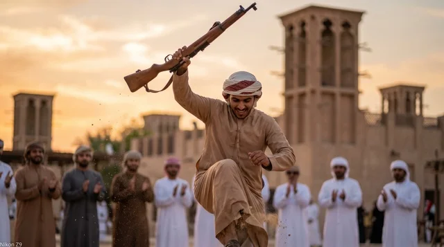 رجل إماراتي يؤدي رقصة اليولة التراثية وقت الغروب