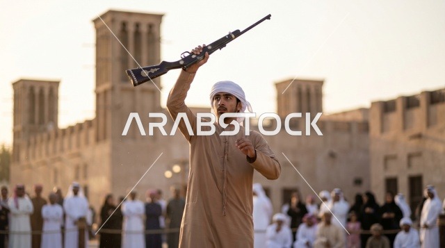 شاب إماراتي يؤدي رقصة اليولة بالتراث الإماراتي