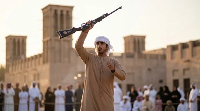 Emirati Man Performing Yowla Dance with Rifle in UAE