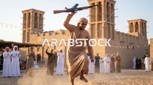 شاب إماراتي يؤدي رقصة اليولة في قرية تراثية بالإمارات