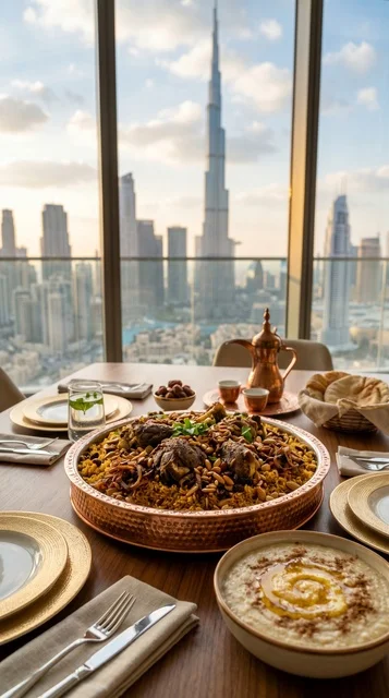 Traditional Emirati Food Table Dubai Burj Khalifa View