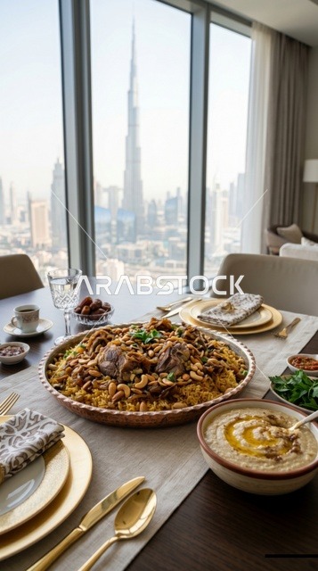 مجبوس إماراتي مع إطلالة برج خليفة في دبي