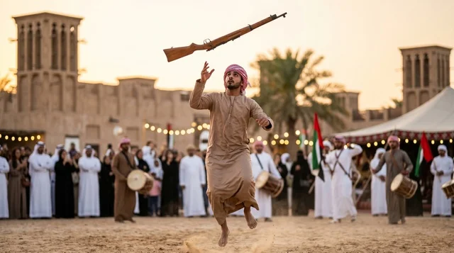 Emirati Yowla Dance with Rifle in UAE Heritage Site