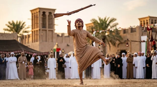 شاب إماراتي يؤدي رقصة اليولة التراثية في الإمارات