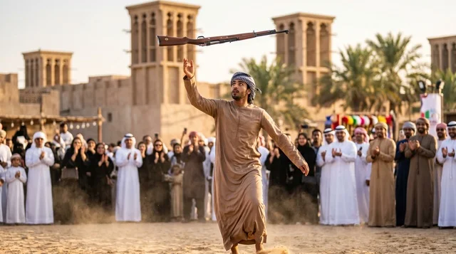 Emirati Man Performing Traditional Yola Dance in UAE