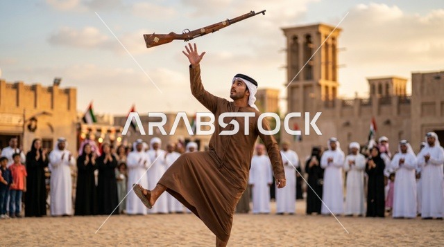 شاب إماراتي يؤدي رقصة اليولة التراثية في الإمارات