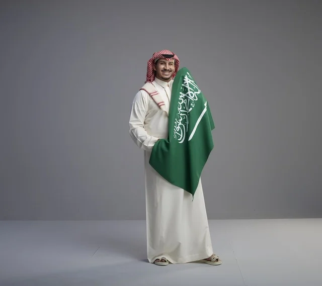 Saudi Man Holding National Flag in Studio