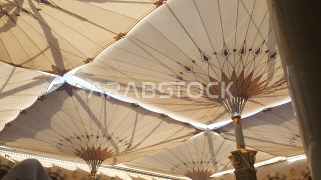 Close-up of an electronic umbrella in Medina, Saudi Arabia, the Prophet’s Mosque, landmarks of the Prophet’s Mosque, electronic umbrellas in the Prophet’s Mosque in Medina