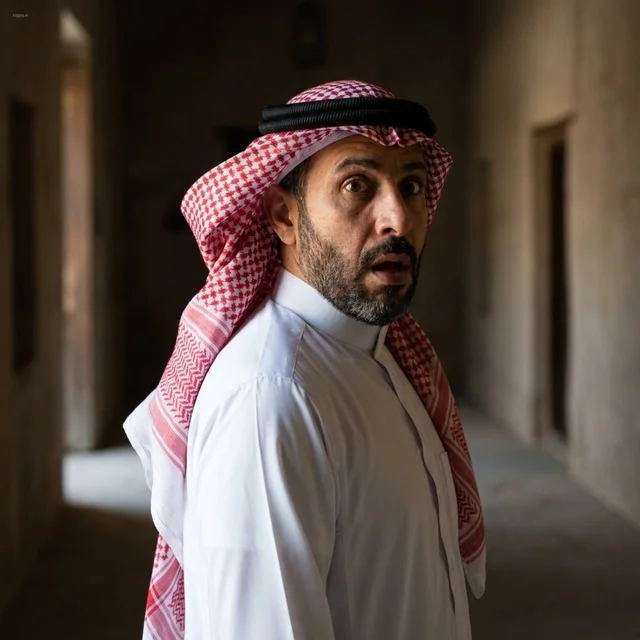 رجل سعودي بزي تقليدي وتعبيرات ذهول في ممر تراثي