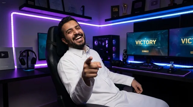 Saudi Gamer in Thobe Celebrating Victory in Gaming Room