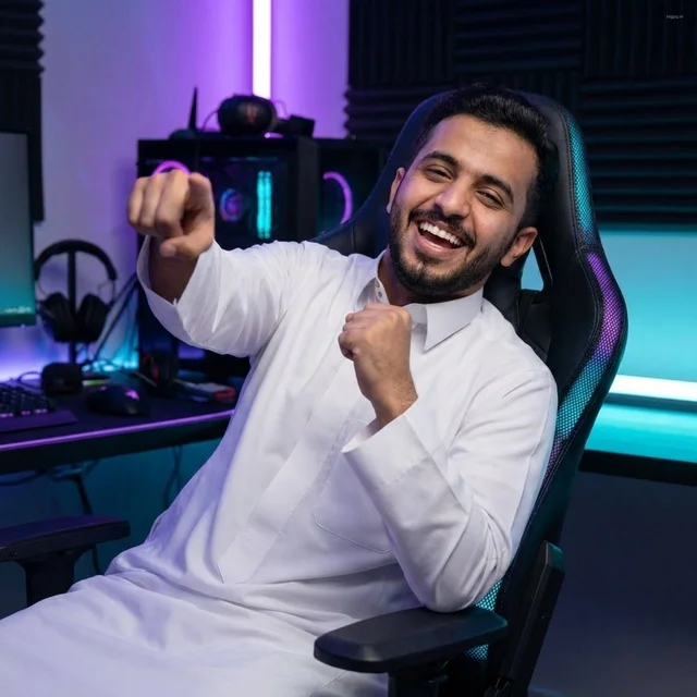 Saudi Man in Thobe Celebrating Victory in Gaming Room