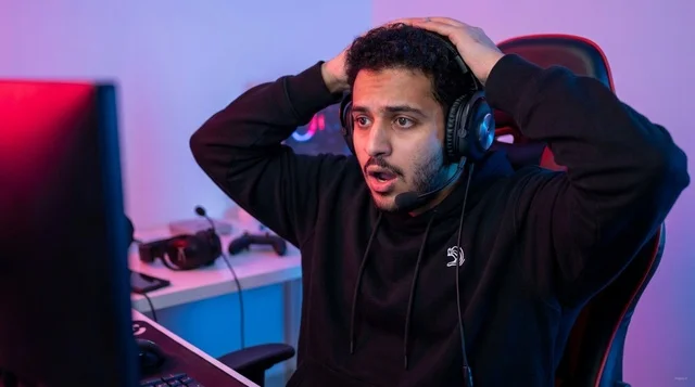 Saudi Gamer Reacts with Shock in Neon Light Gaming Room