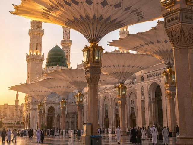 Prophet's Mosque Medina Courtyard Umbrellas at Sunset