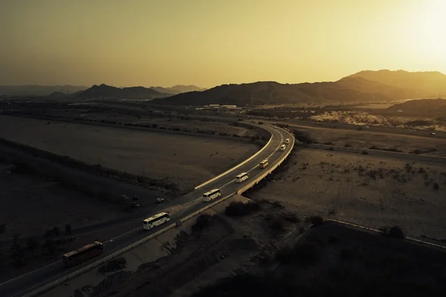 Aerial View of Arafat Makkah Pilgrims Buses at Sunset