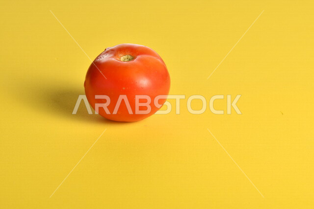 صورة مقربة لحبة الطماطم الحمراء على خلفية صفراء