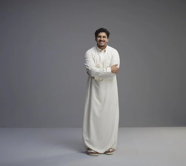 Saudi Man in Traditional White Thobe Studio Shot